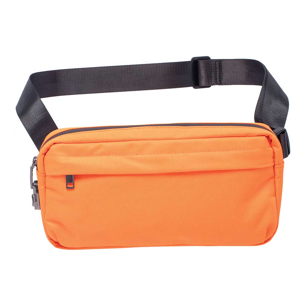front view of neon orange smellproof sling bag 11.5in x 5.5in x 2in