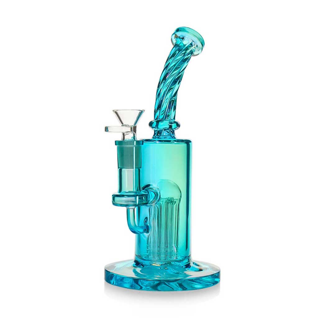 Spiral Neck Tree Perc Cylindrical Rig in Blue, Red, Pink, and Green – Available at Honeybee Herb