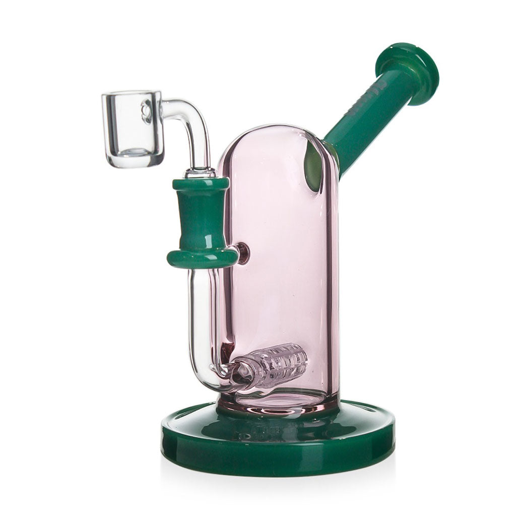 Pink Upright Capsule Dab Rig with inline perc and green banger joint