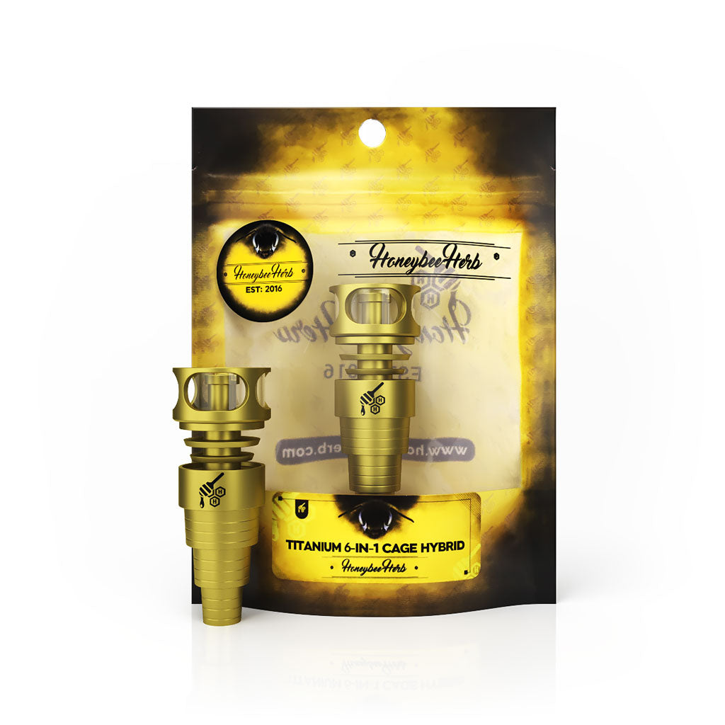 Titanium Gold 6 in 1 Cage Hybrid Dab Nail Compatible With 10mm 14mm 18mm Male & Female Joint For Dab Rig Bongs | Honeybee Herb