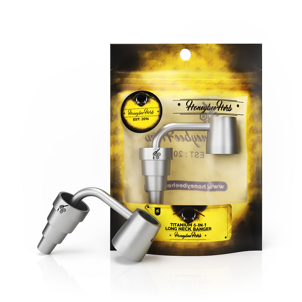 Titanium Silver 6 in 1 Long Neck Banger Compatible With 10mm 14mm 18mm Male & Female Joint For Dab Rig Bongs | Honeybee Herb