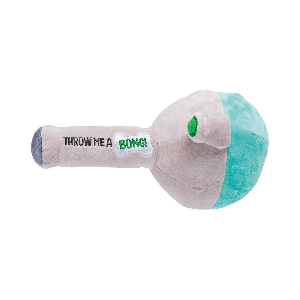 Side View Of 10-Inch  Bong Squeaky Dog Toy With “Throw Me a Bong” Text Available At Honeybee Herb