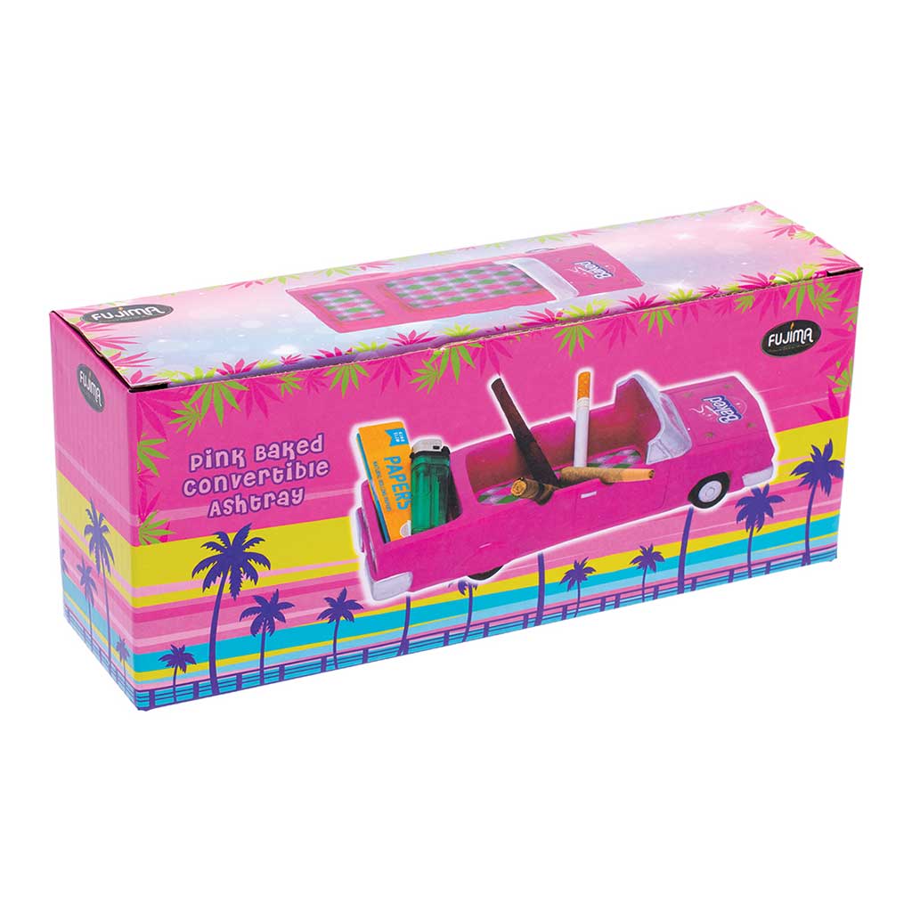 Fujima retail box for the Pink Baked Convertible Ashtray with palm graphics and a large product photo.