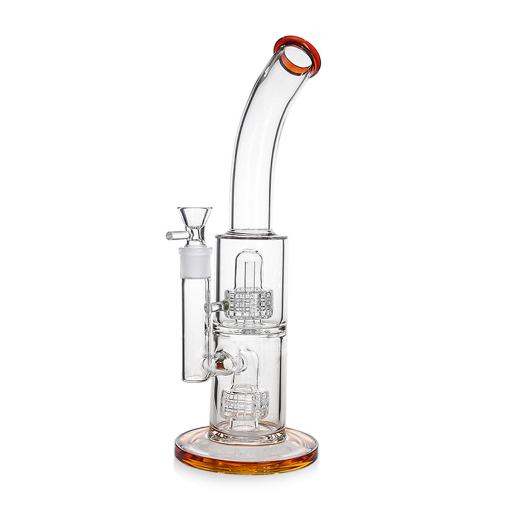 Clear Glass Double Matrix Perc Water Chamber With Amber Showerhead Oil Rig On The Side Amber Round Base
