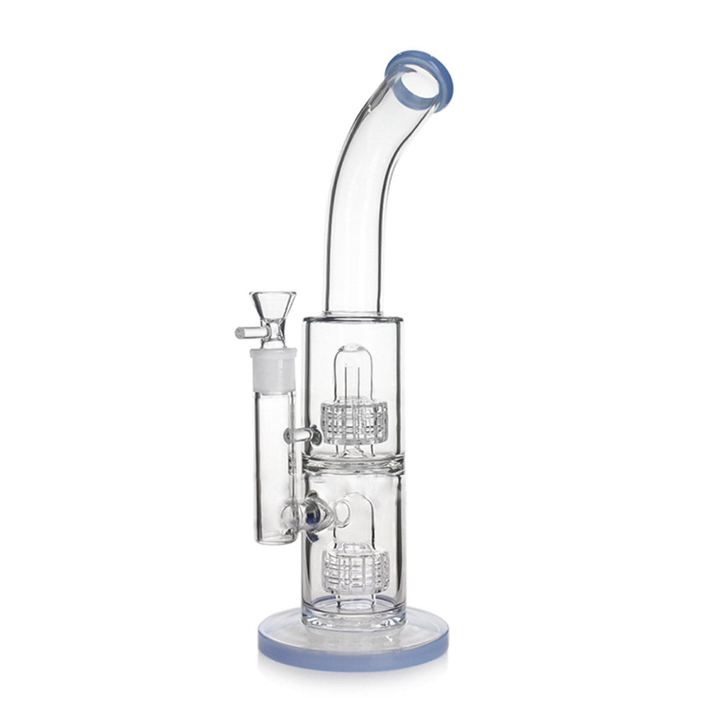 Clear Glass Double Matrix Perc Water Chamber With Light Blue Showerhead Oil Rig On The Side Light Blue Round Base