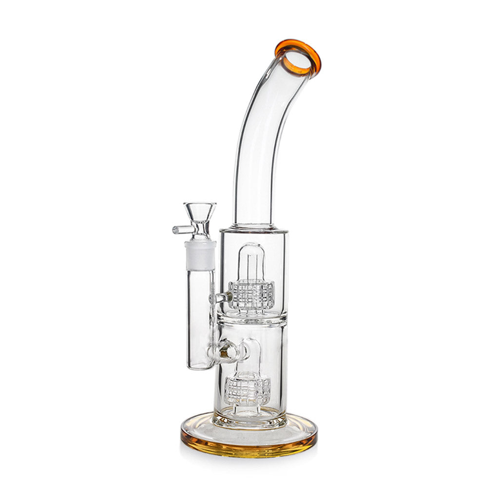 Clear Glass Double Matrix Perc Water Chamber With Yellow Showerhead Oil Rig On The Side Yellow Round Base
