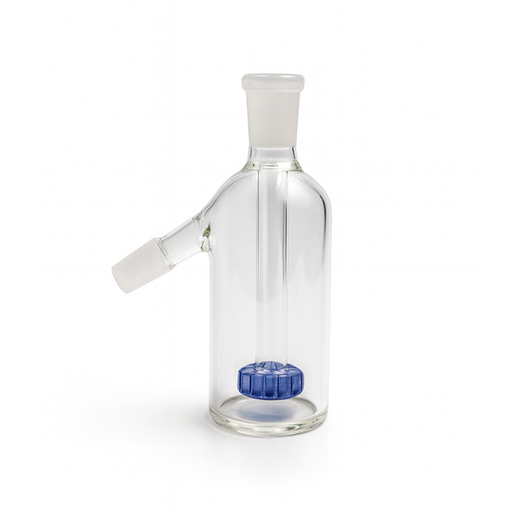 Blue Glass Disc Perc Ash Catcher featuring a 14mm 45-degree joint on white.