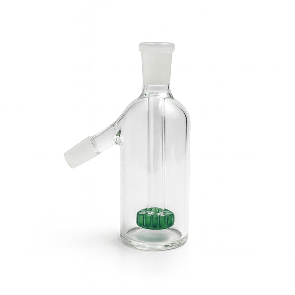 Green Apple Glass Disc Perc Ash Catcher with 14mm 45-degree joint shown upright.