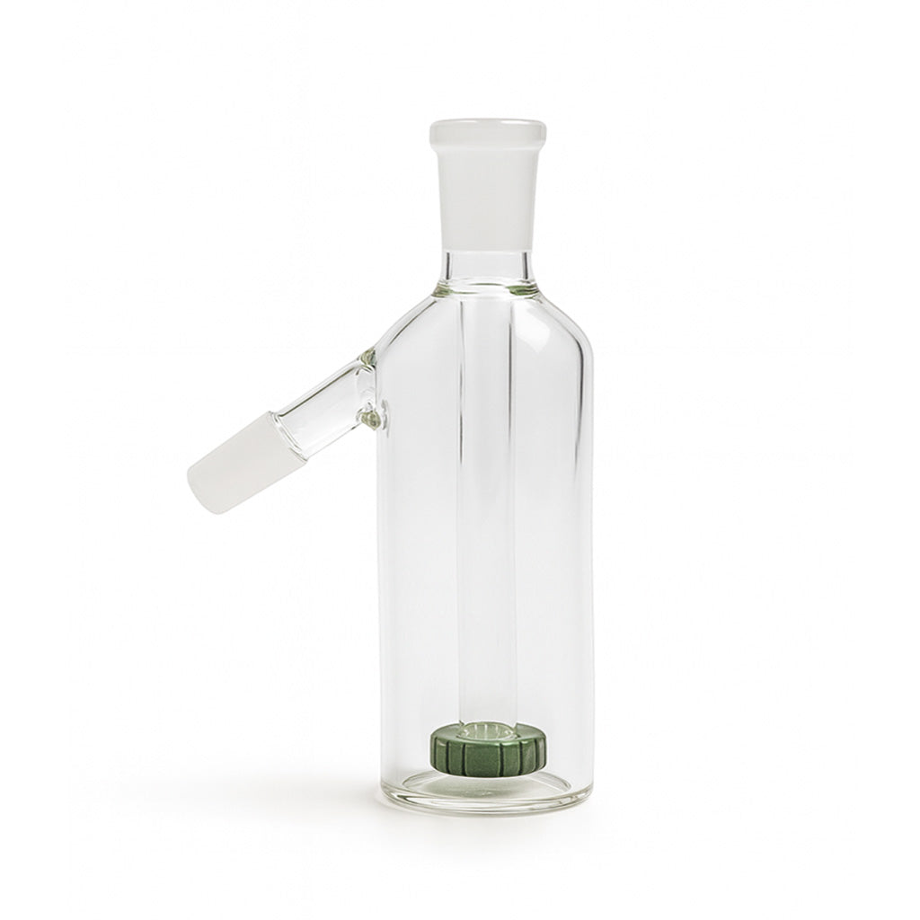 Olive Glass Disc Perc Ash Catcher with 14mm 45-degree joint shown at a side angle.