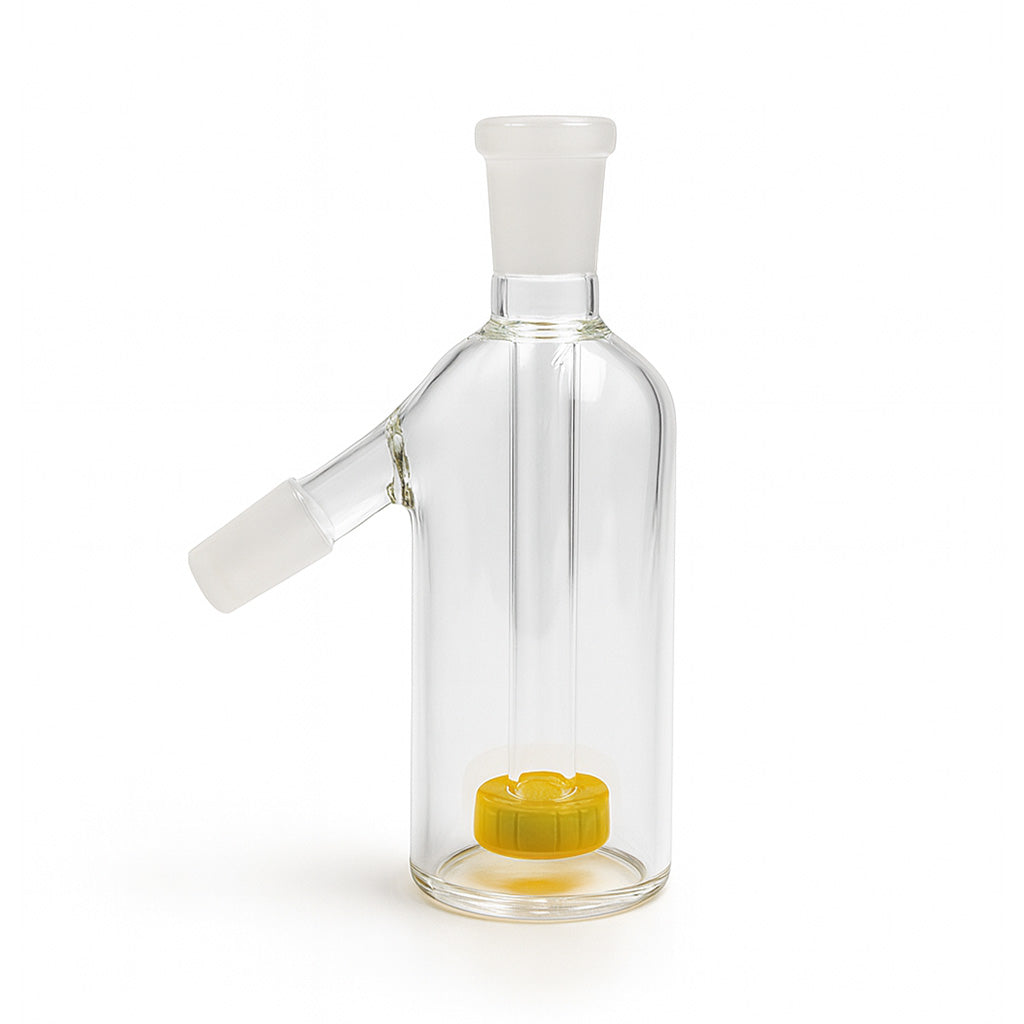 Yellow Glass Disc Perc Ash Catcher in 14mm 45-degree joint standing upright.