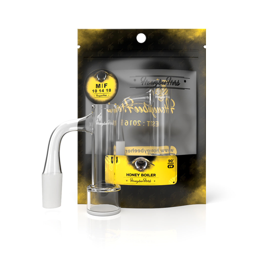 Honey Boiler 90° Degree Quartz Banger Compatible With 14mm Male Joint Black Packaging 