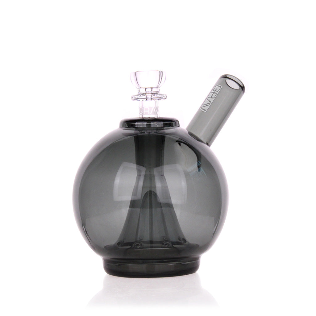 14MM Smoky GRAV Globe Bubbler With Round Glass Chamber And Angled Mouthpiece At Honeybee Herb