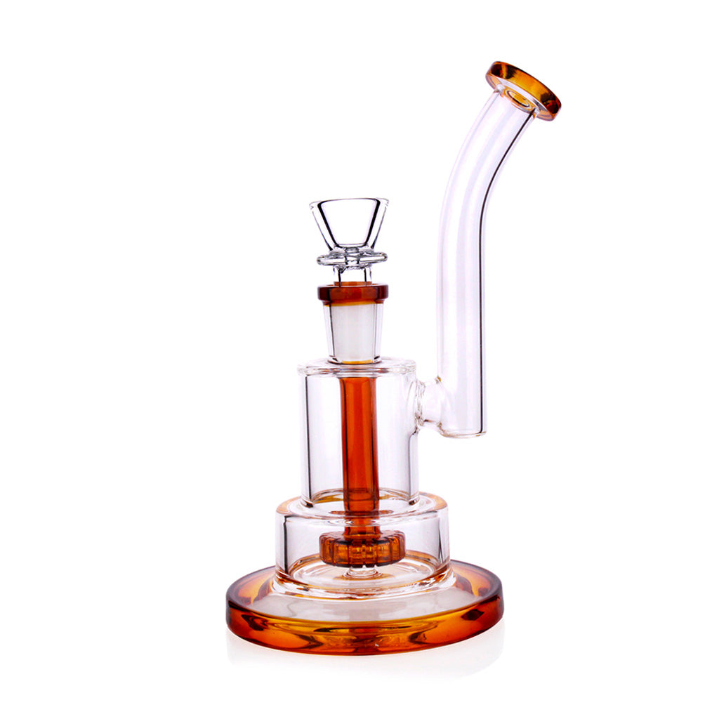 14MM Amber Stacked Chamber Showerhead Perc Bong With Layered Glass Design And Angled Mouthpiece 