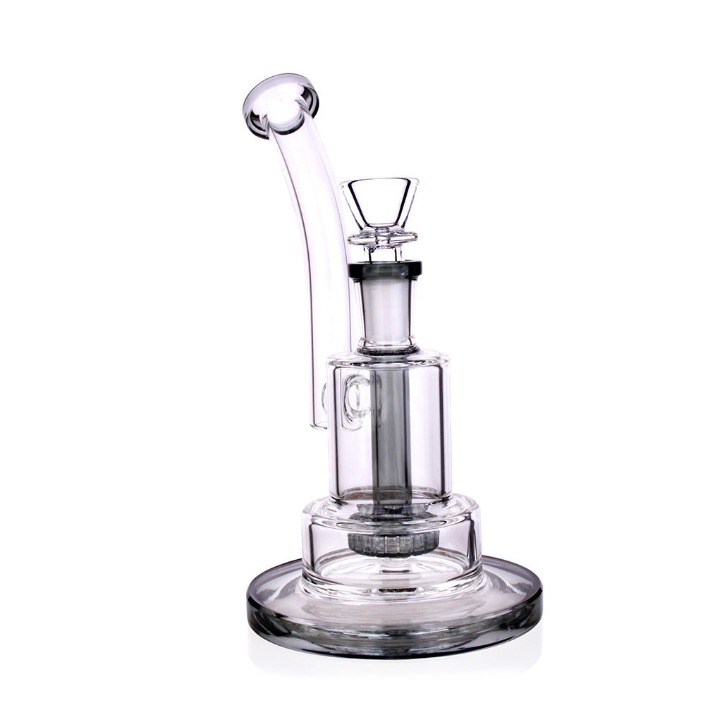 14MM Black Stacked Chamber Showerhead Perc Bong With Layered Glass Design And Angled Mouthpiece