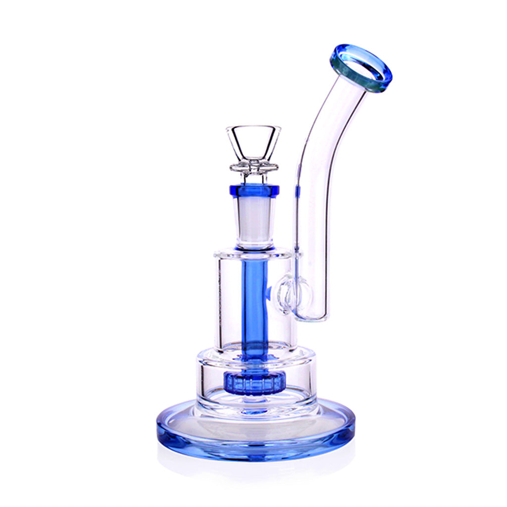 14MM Blue Stacked Chamber Showerhead Perc Bong With Layered Glass Design And Angled Mouthpiece
