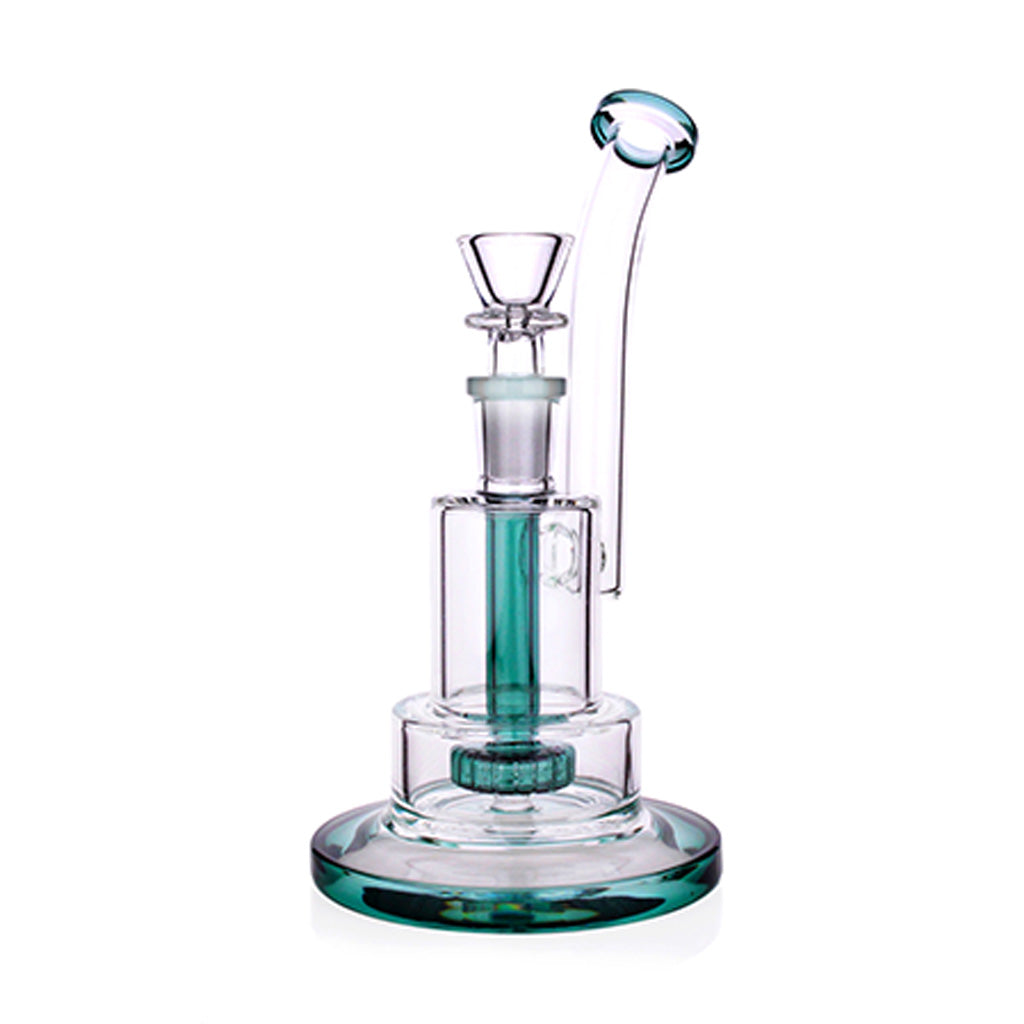 14MM Green Stacked Chamber Showerhead Perc Bong With Layered Glass Design And Angled Mouthpiece