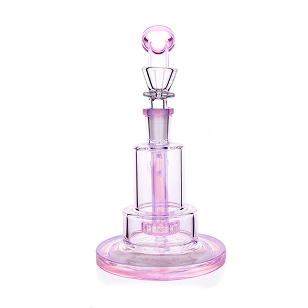 14MM Pink Stacked Chamber Showerhead Perc Bong With Layered Glass Design And Angled Mouthpiece