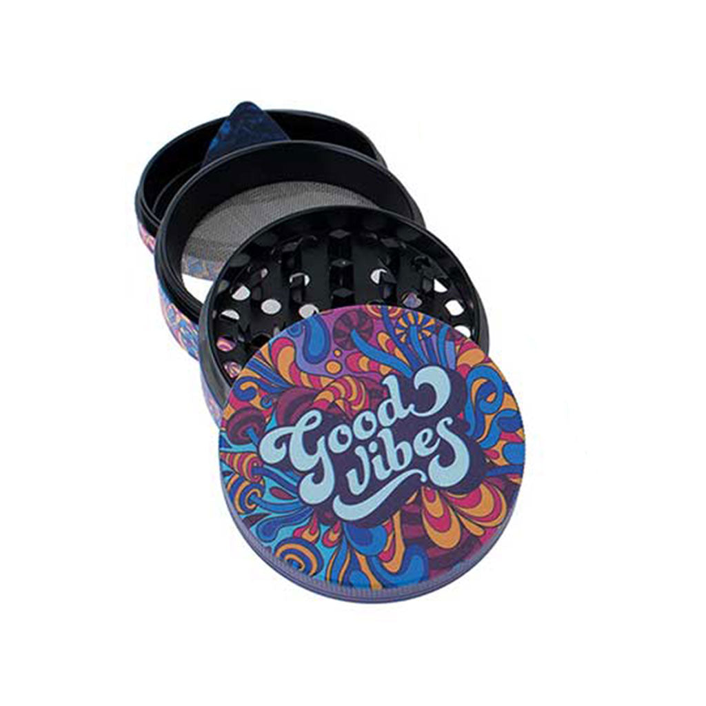2.5-Inch Good Vibes Wacky Grinder With Trippy Design 4-Parts View  