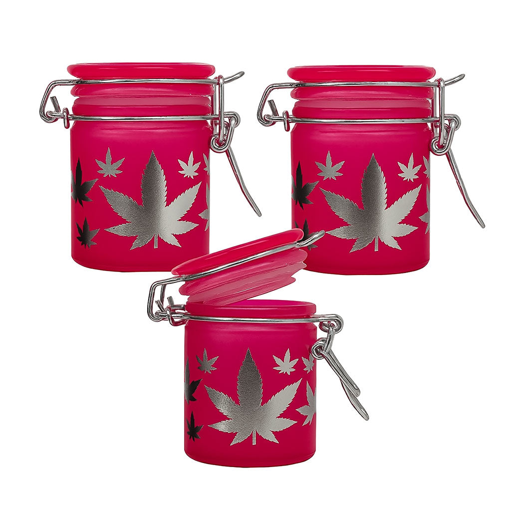 2.5-Inch Airtight Pink Glass Silver Leaves Stash Jar 3-Pack View