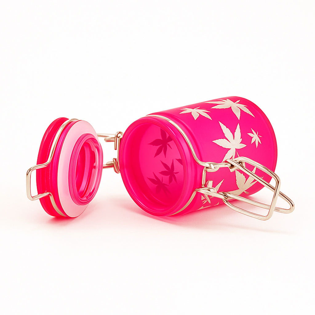 2.5-Inch Airtight Pink Glass Silver Leaves Stash Jar Lying View