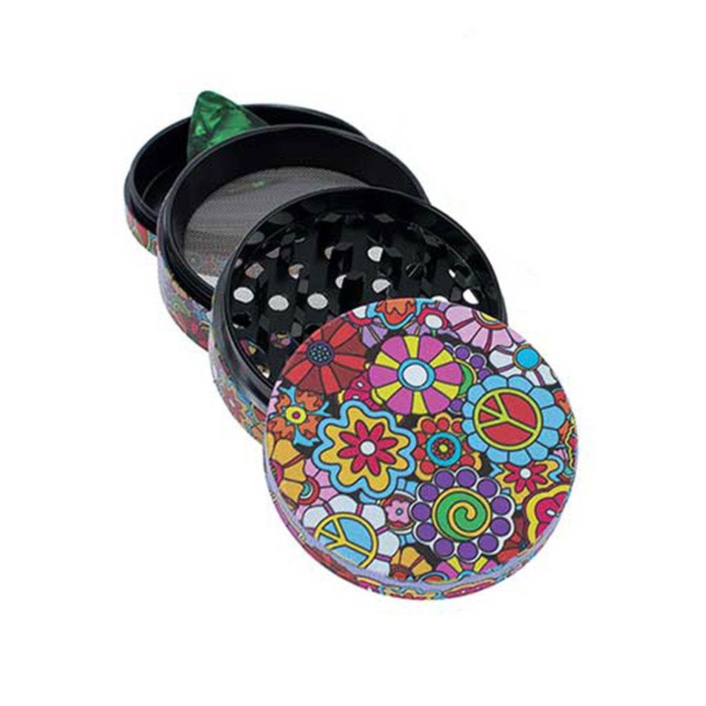 2.5-Inch Hippie Love Wacky Grinder 4 Piece Herb Grinder With Peace And Flowers