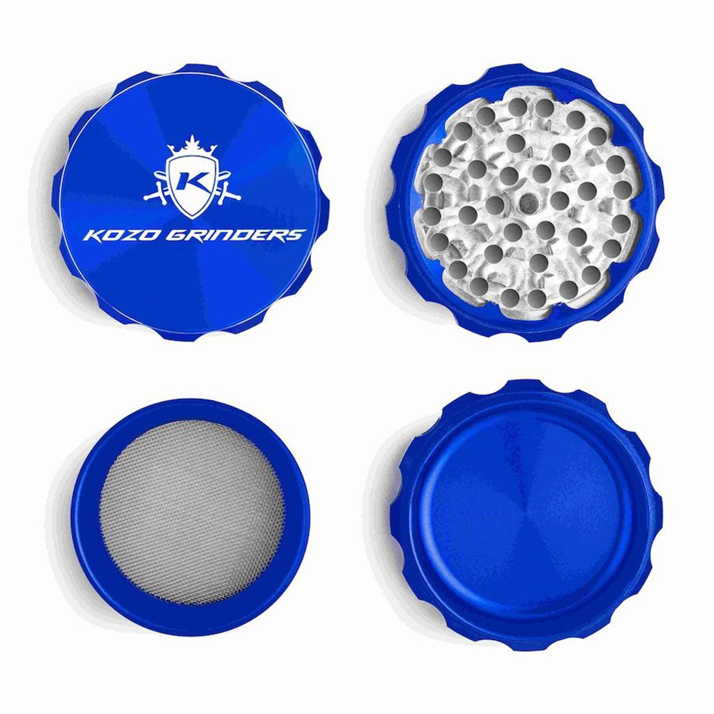 2.5 Inch Blue Kozo Sharp Teeth Herb Grinder 4-Parts Open View At Honeybee Herb Buzz Shop

