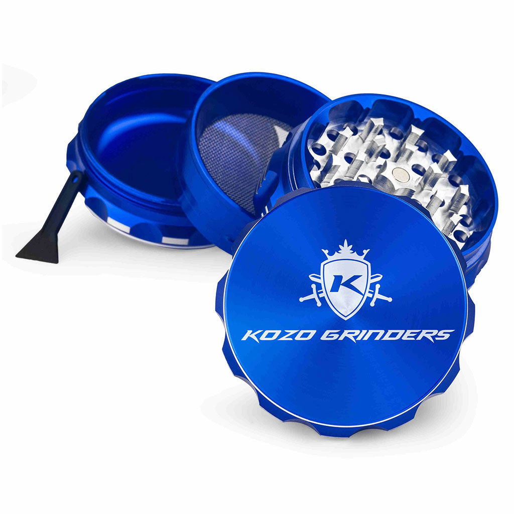 2.5 Inch Blue Kozo Sharp Teeth Herb Grinder 4-Parts View At Honeybee Herb Buzz Shop