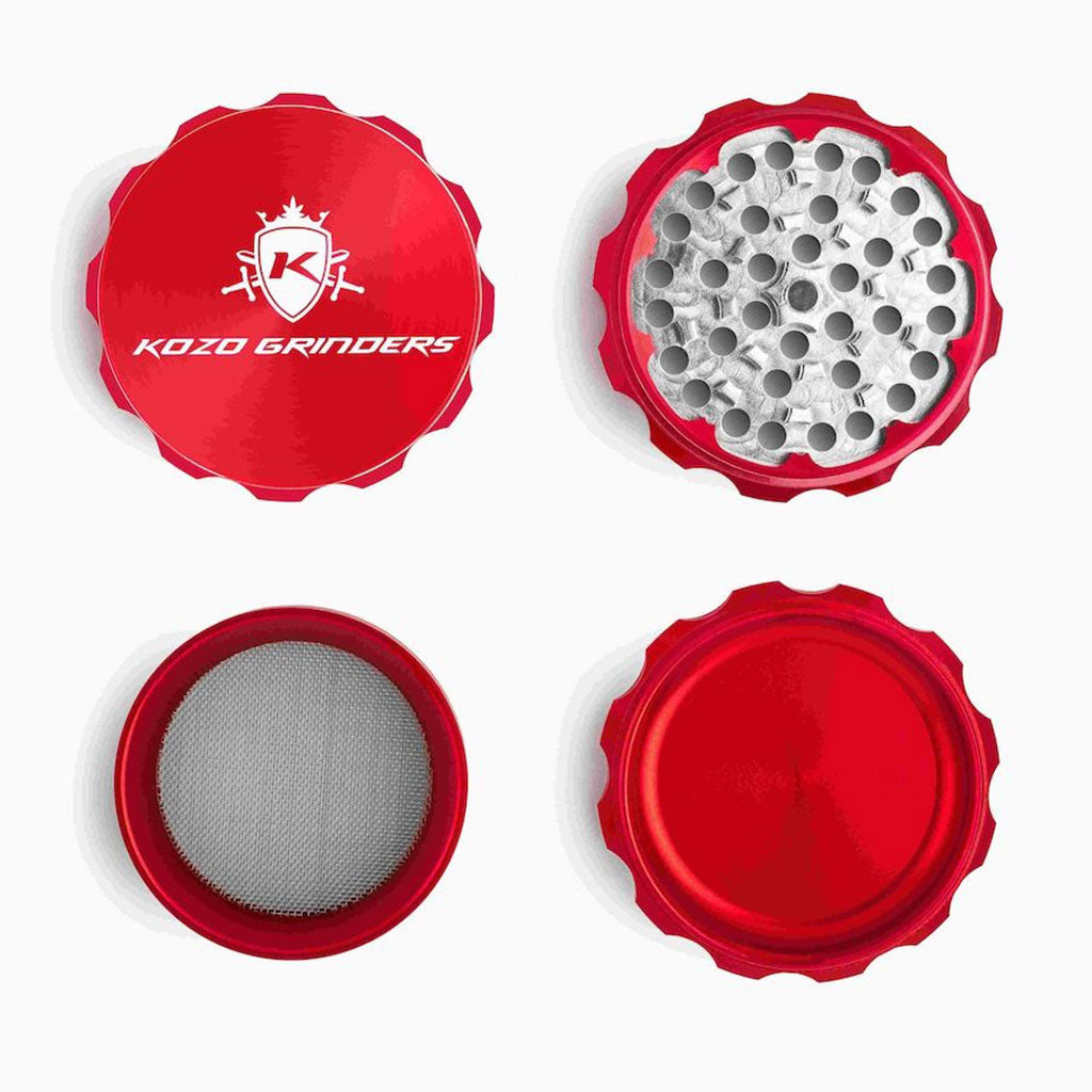 2.5 Inch Red Kozo Sharp Teeth Herb Grinder 4-Parts Open View At Honeybee Herb Buzz Shop 