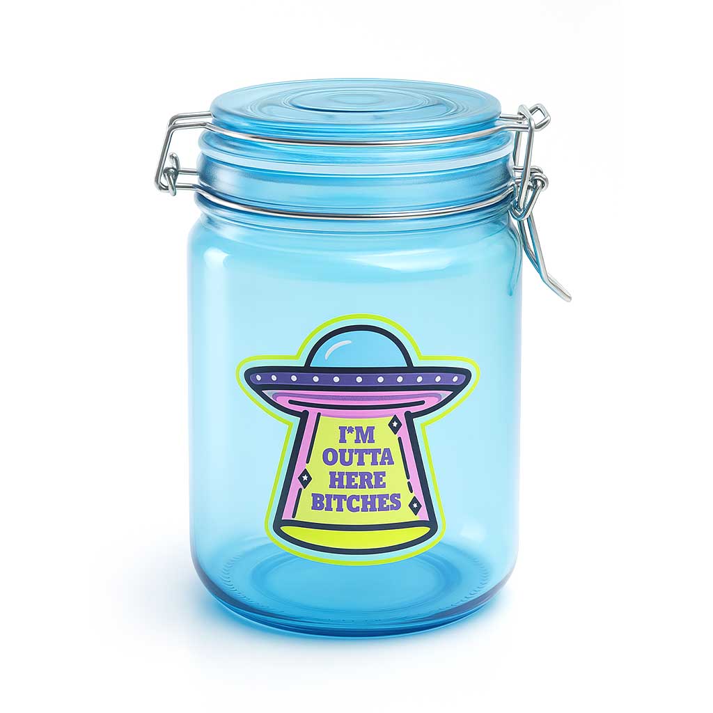Buy 22oz blue UFO airtight glass stash jar with clasp—fast shipping from Honeybee Herb