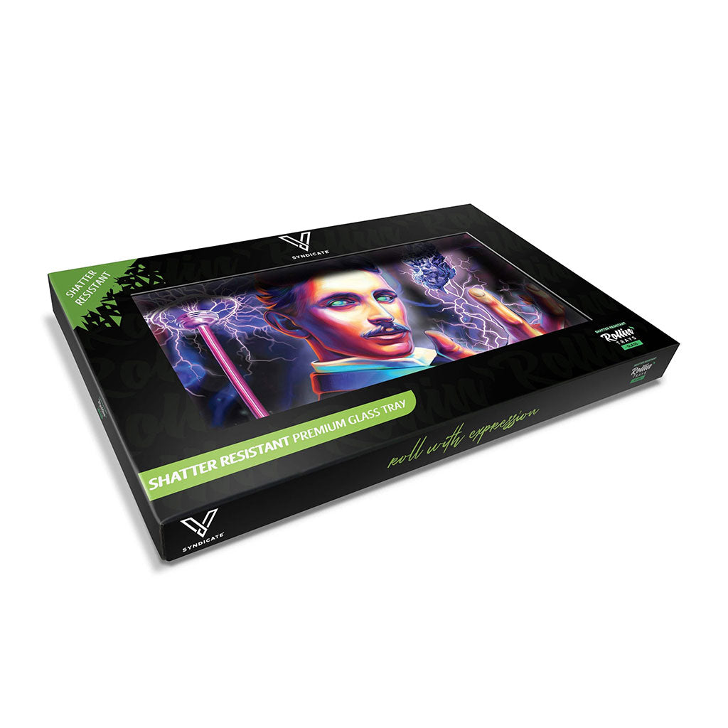 Tesla High Voltage glass rolling tray, angled view—smooth easy-clean glass; add to cart today3