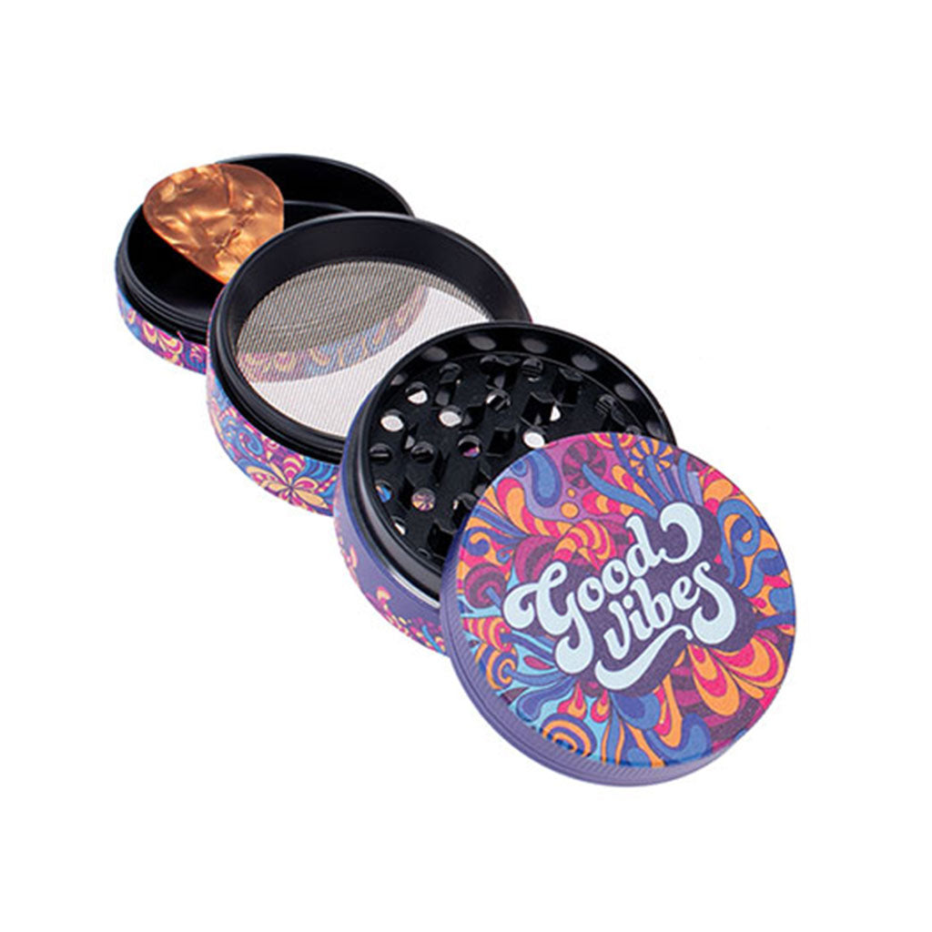  2-Inch Good Vibes Wacky Grinder With Trippy Design 4-Parts View  