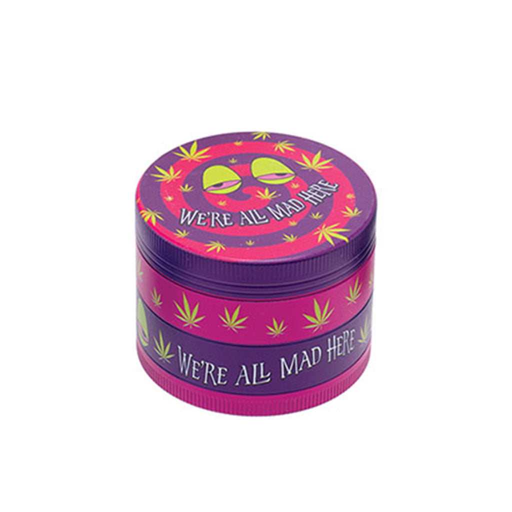  2-Inch We’re All Mad Here Wacky Grinder Purple Herb Grinder With Kief Catcher