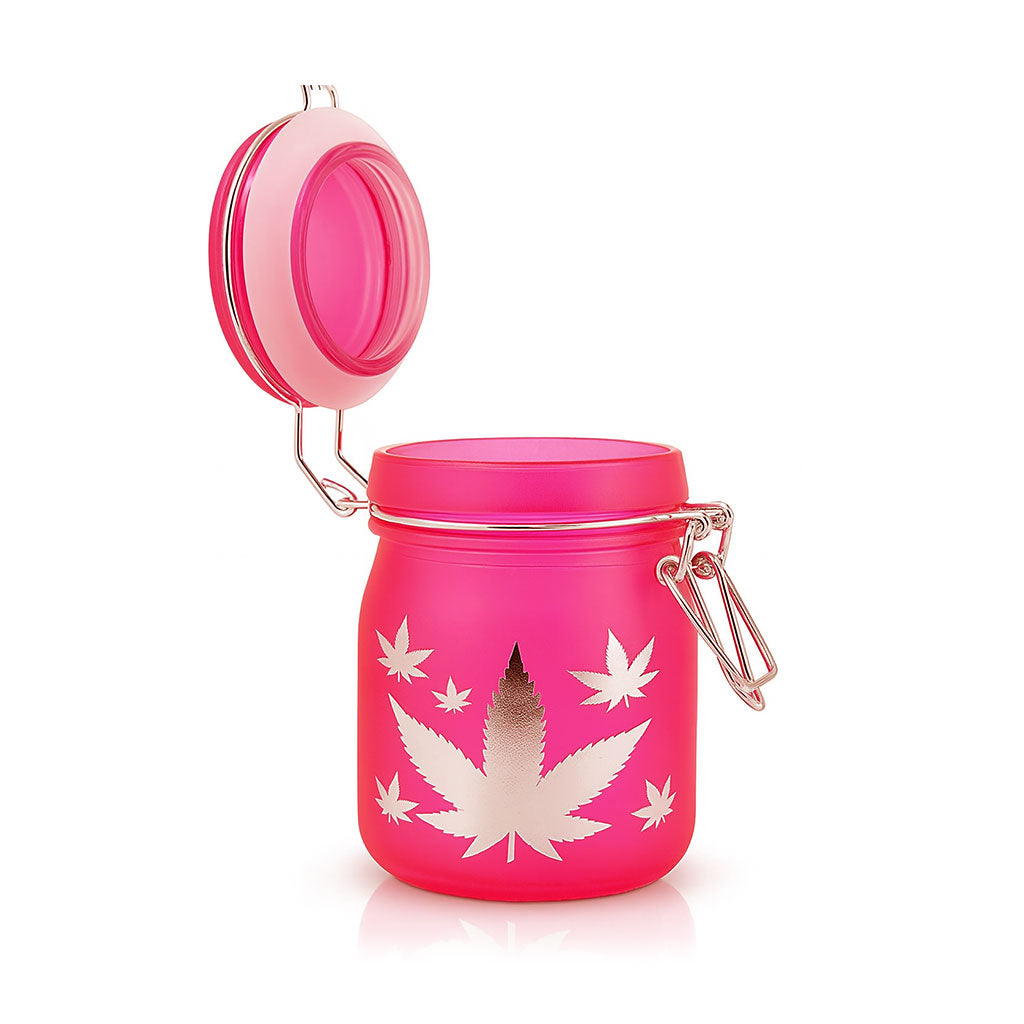3.5-Inch Airtight Pink Glass Silver Leaves Stash Jar Fully Open Lid
