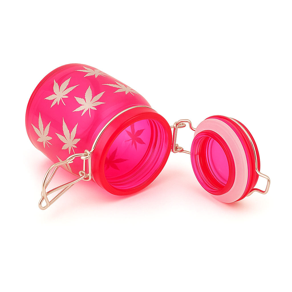 3.5-Inch Airtight Pink Glass Silver Leaves Stash Jar Lying View
