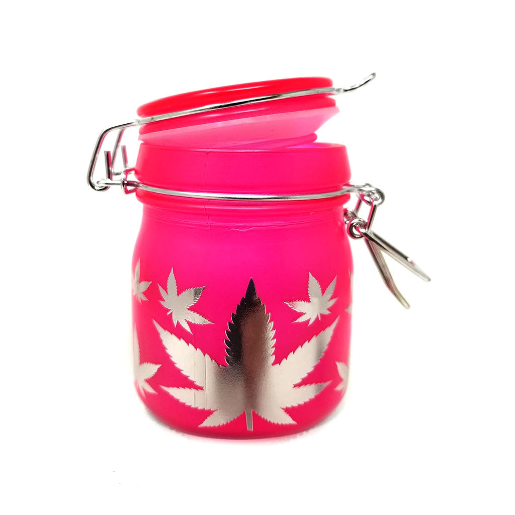 3.5-Inch Airtight Pink Glass Silver Leaves Stash Jar Partial Open Lid 