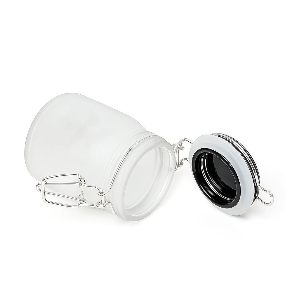 3.5-Inch Frosted Clamp Lid Jar By Ted Miller Inno. With Flying Hi Tonight Quote, Shown Lying With Open Lid