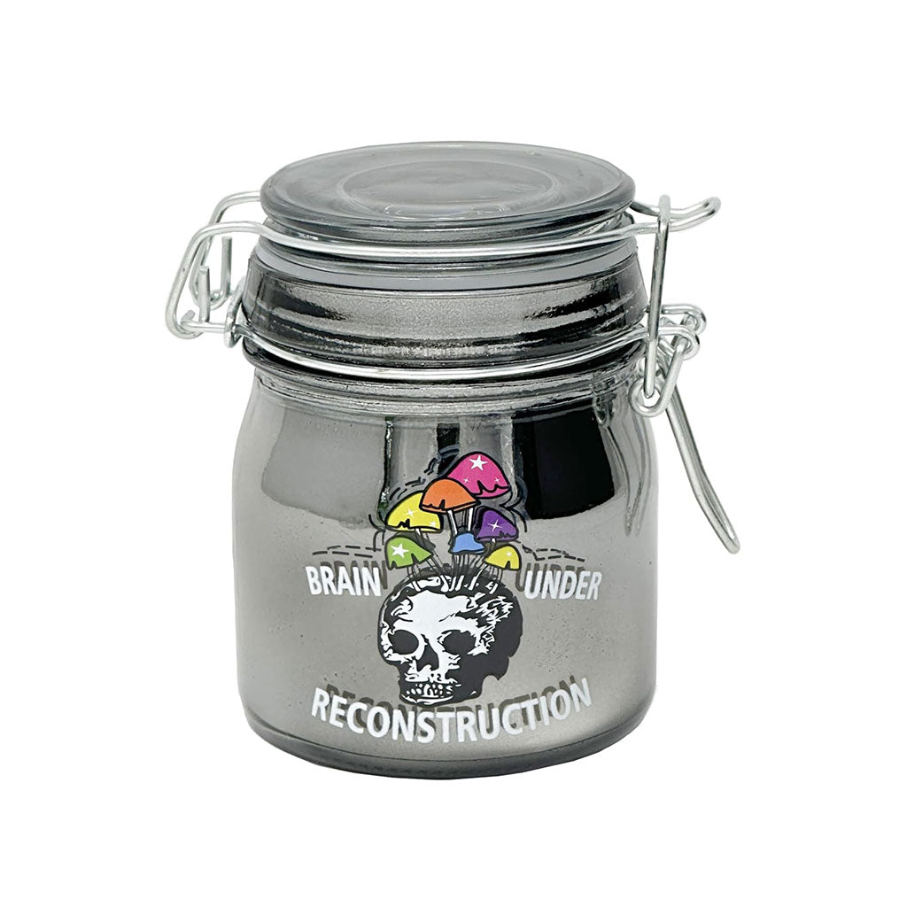 3.5 Inch Grey Clamping Lid Stash Jar Featuring Brain Under Reconstruction Quote & Skull Illustration