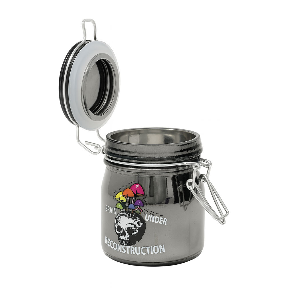 3.5 Inch Grey Brain Under Reconstruction Stash Jar With Open Clamp Lid And Skull-Mushroom Design