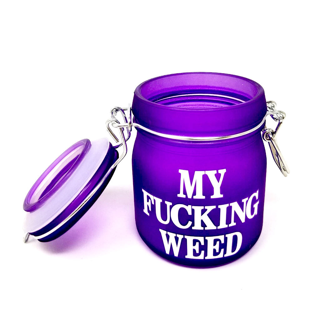 Front View Of Neon Purple “My Fucking Weed” Clamp Lid Stash Jar, Shown Wide Open For Secure Storage 
