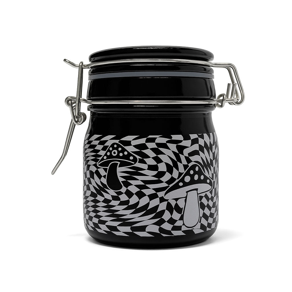 3.5-Inch Trippy Mushroom Black & White Checkboard Storage Jar By Ted Miller Innovations At Honeybee Herb