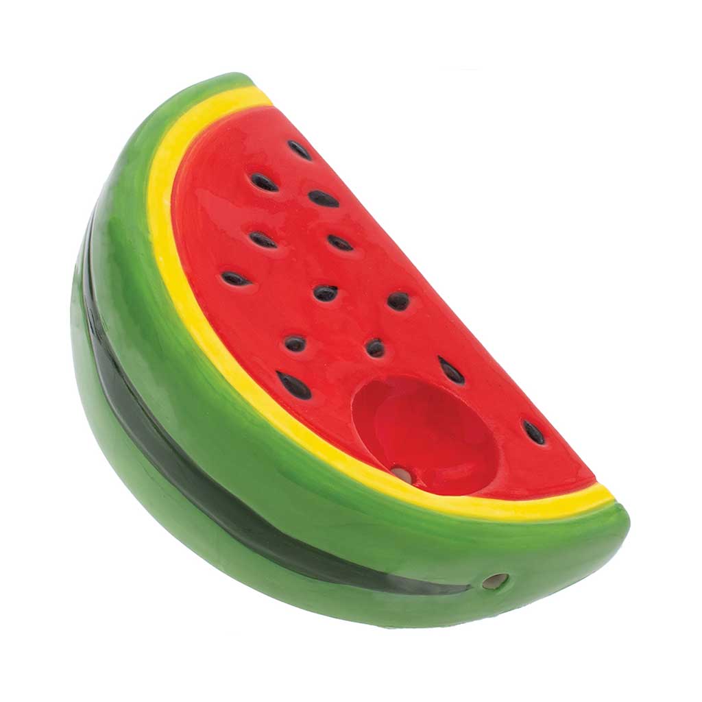 Angled View Of Watermelon Slice Ceramic Hand Pipe By Wacky Bowlz