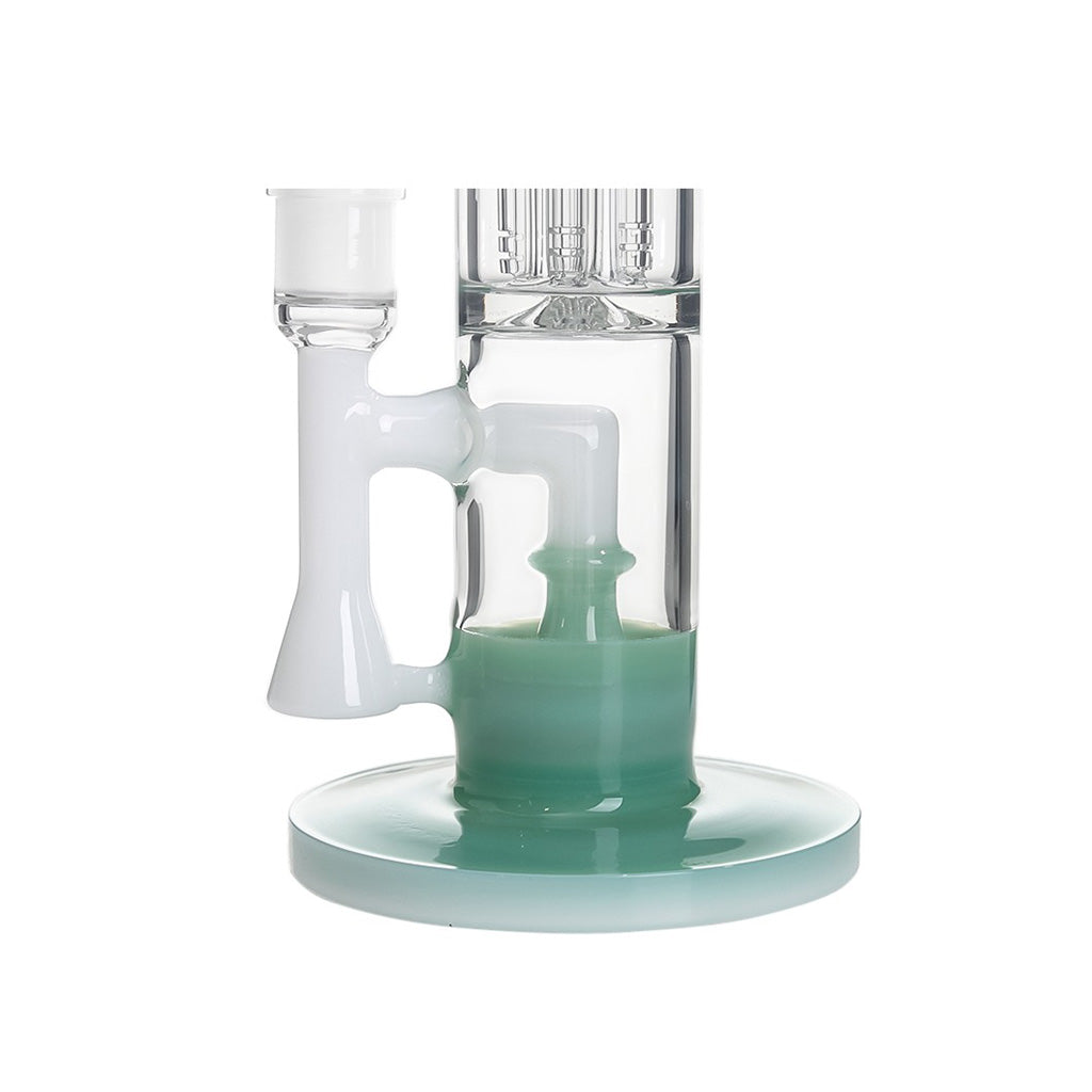 Close-up of green Hittn straight tube base and showerhead perc; order today for smooth, filtered hits. 