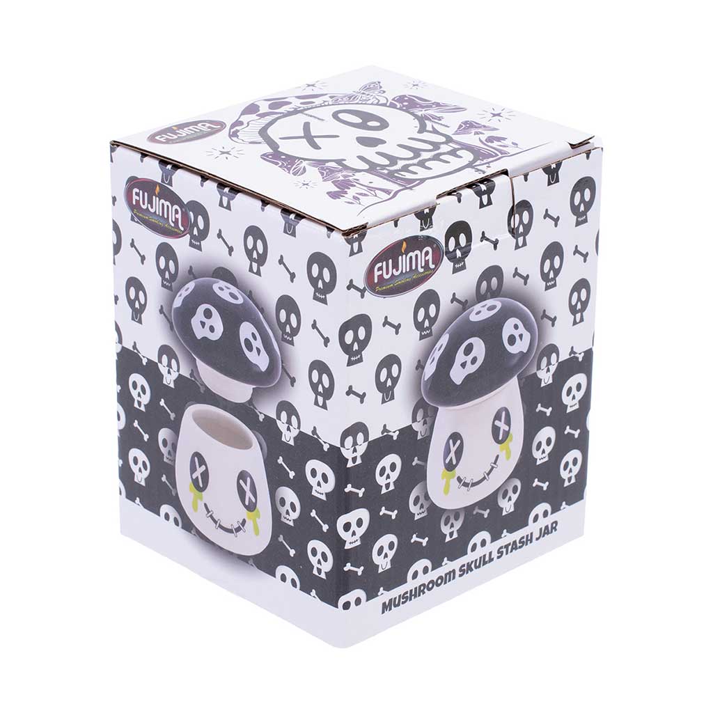 Retail box for the Fujima Mushroom Skull stash jar with black cap and skull graphics