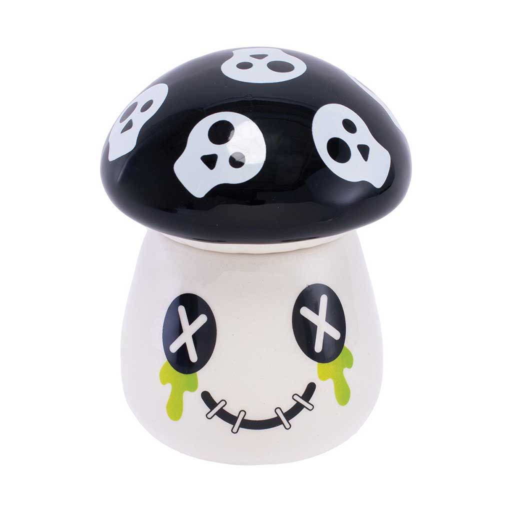 Front view of the ceramic Mushroom Skull stash jar, white base and black skull-print cap