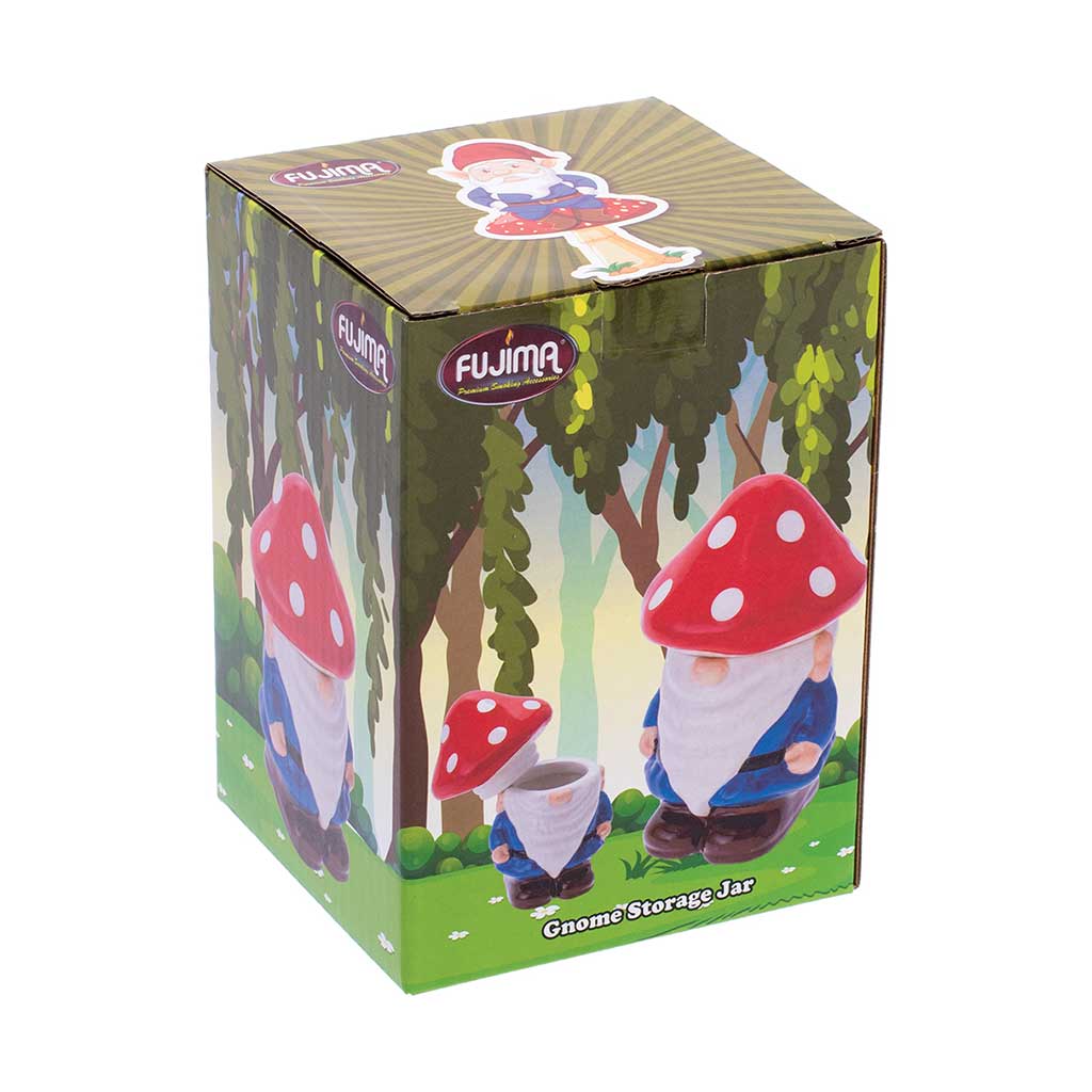 Green retail box for the Fujima Gnome Storage Jar with mushroom artwork and specs.