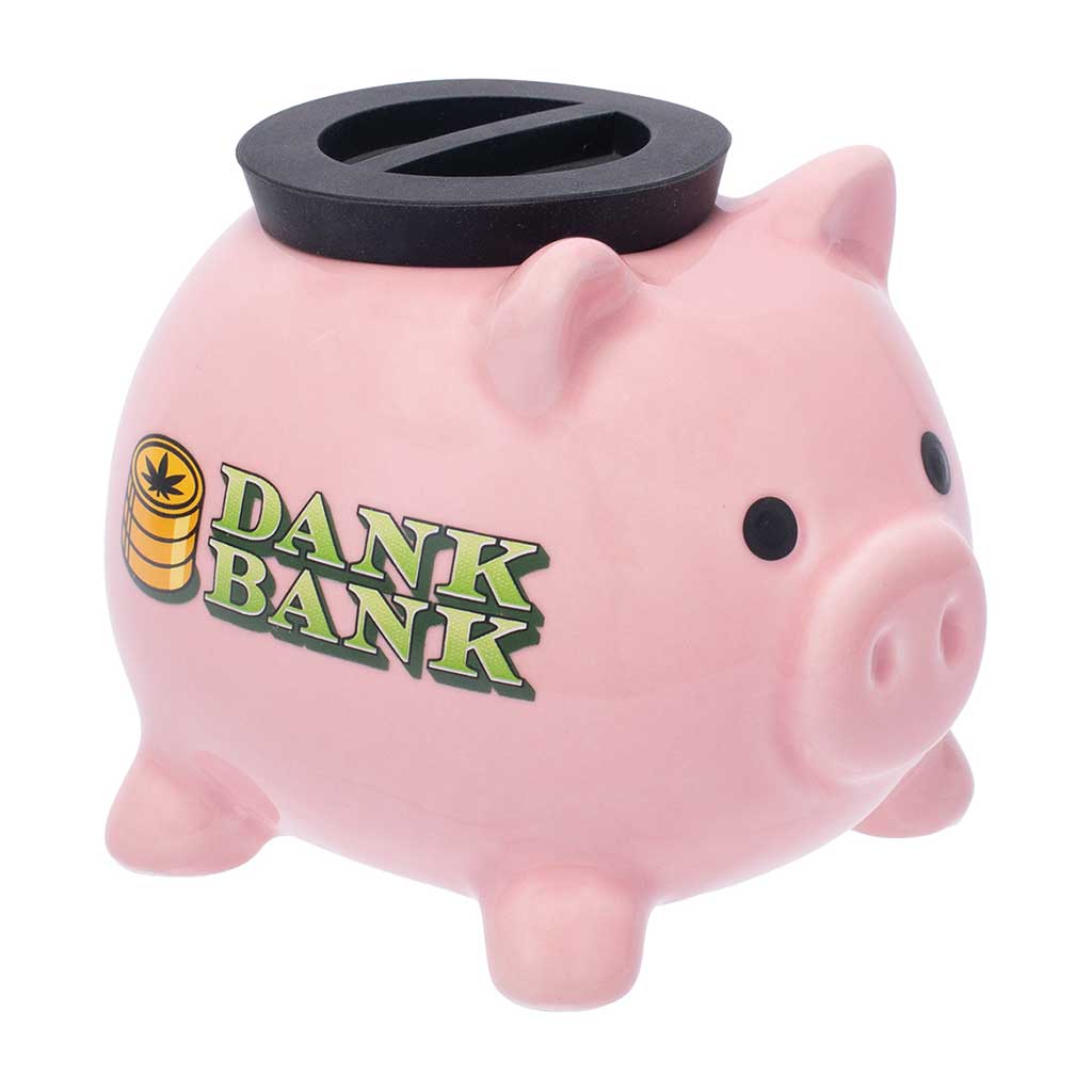  Front view of the pink ceramic Dank Bank stash jar and black lid slot