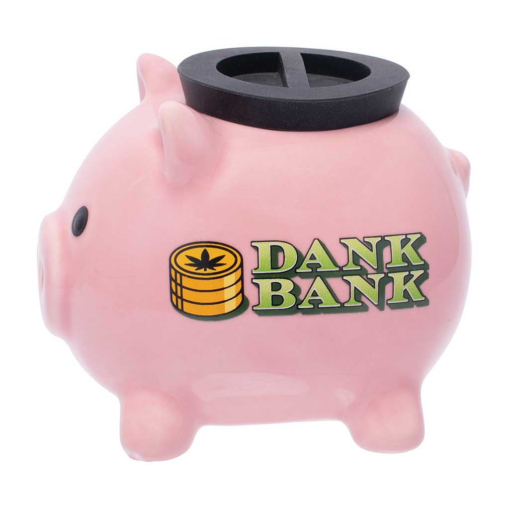 Side view of the pink piggy bank-style stash jar showing the Dank Bank coin design