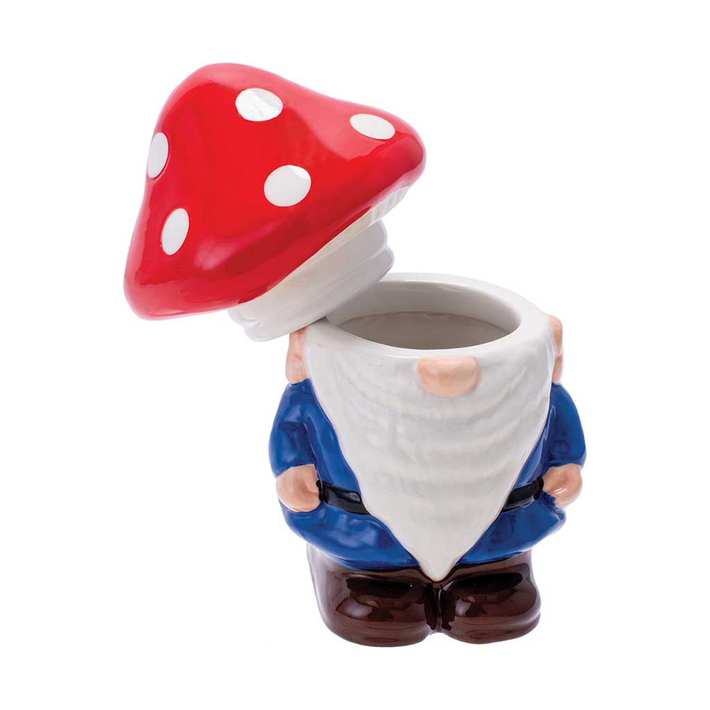 Gnome Storage Jar with the red cap lid lifted, showing the ceramic storage cavity.