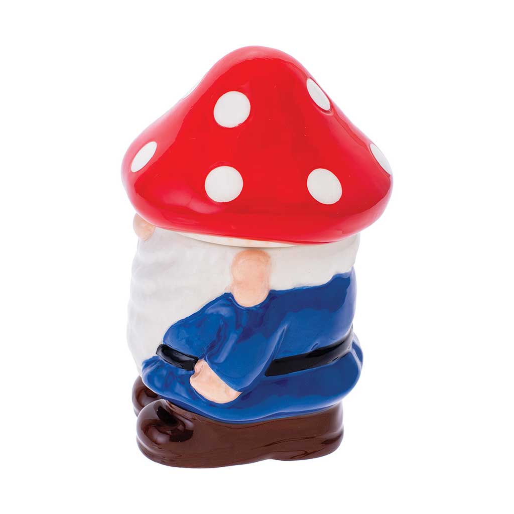 Side view of the Gnome Storage Jar with red mushroom-cap lid, blue coat, and beard.