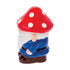 Side view of the Gnome Storage Jar with red mushroom-cap lid, blue coat, and beard.